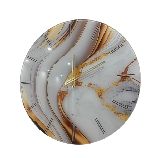 Orologio da Parete in Vetro – Bianco con Sfumature Grigie e Dettagli Oro
